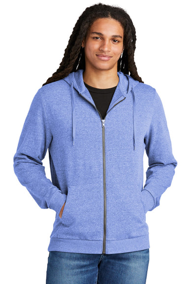 District DT1302 Mens Perfect Tri Fleece Full Zip Hooded Sweatshirt Hoodie w/ Pockets Royal Blue Frost Model Front