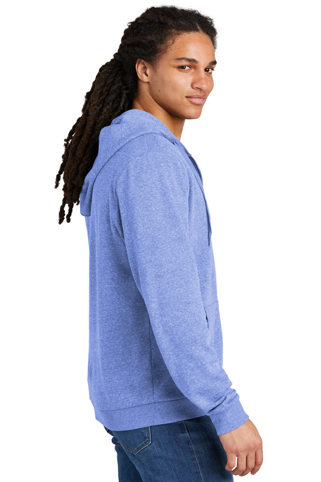 District DT1302 Mens Perfect Tri Fleece Full Zip Hooded Sweatshirt Hoodie w/ Pockets Royal Blue Frost Model Side