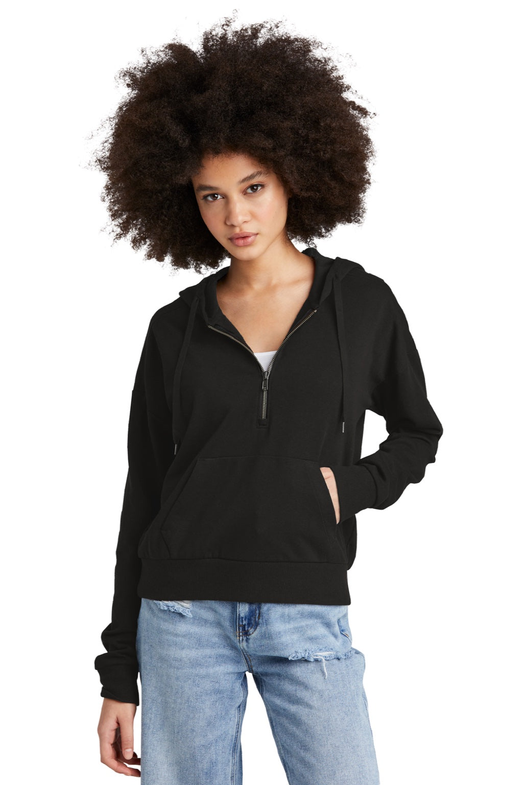 District DT1311 Womens Perfect Tri Fleece 1/4 Zip Hooded Sweatshirt Hoodie w/ Pouch Pocket Black Model Front