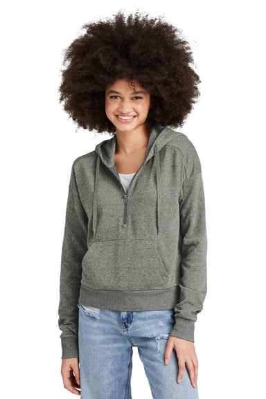 District DT1311 Womens Perfect Tri Fleece 1/4 Zip Hooded Sweatshirt Hoodie w/ Pouch Pocket Heather Charcoal Grey Model Front