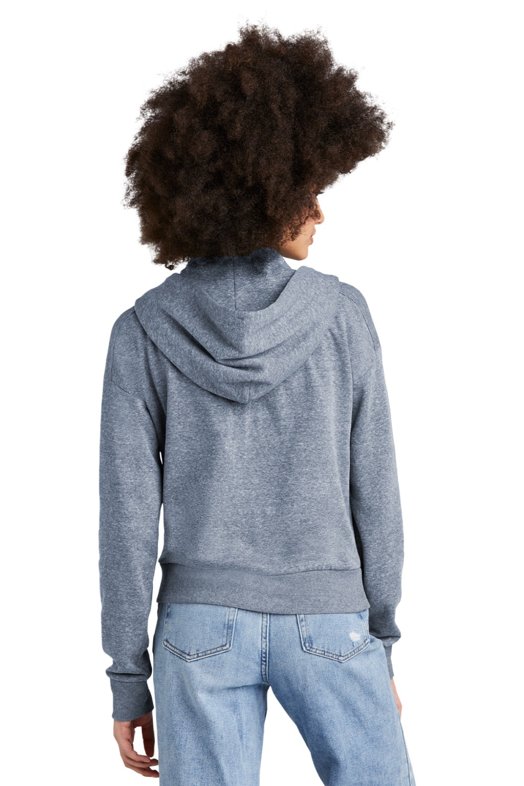 District DT1311 Womens Perfect Tri Fleece 1/4 Zip Hooded Sweatshirt Hoodie w/ Pouch Pocket Navy Blue Frost Model Back