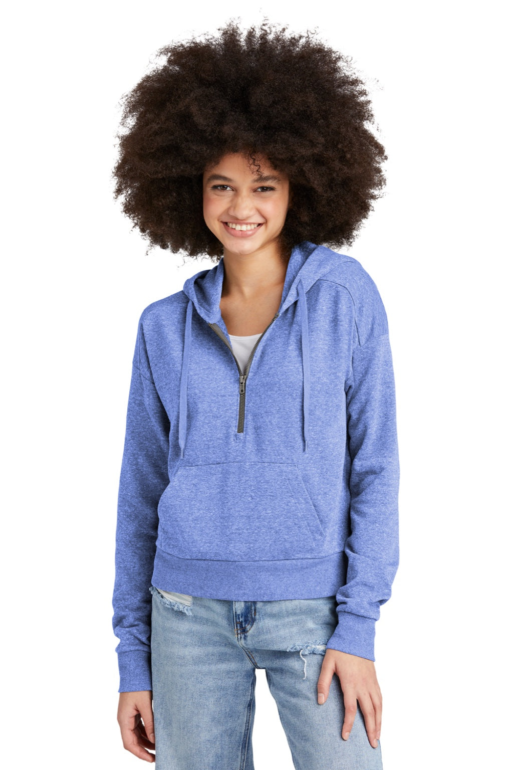 District DT1311 Womens Perfect Tri Fleece 1/4 Zip Hooded Sweatshirt Hoodie w/ Pouch Pocket Royal Blue Frost Model Front