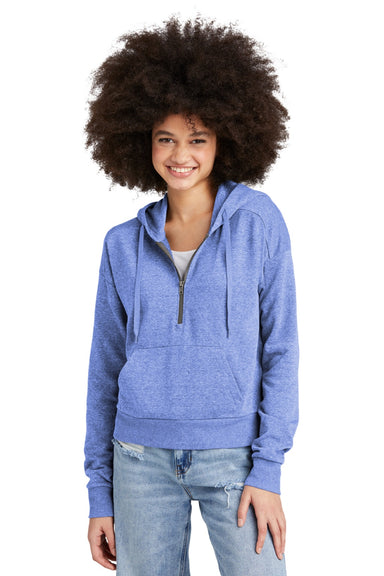 District DT1311 Womens Perfect Tri Fleece 1/4 Zip Hooded Sweatshirt Hoodie w/ Pouch Pocket Royal Blue Frost Model Front