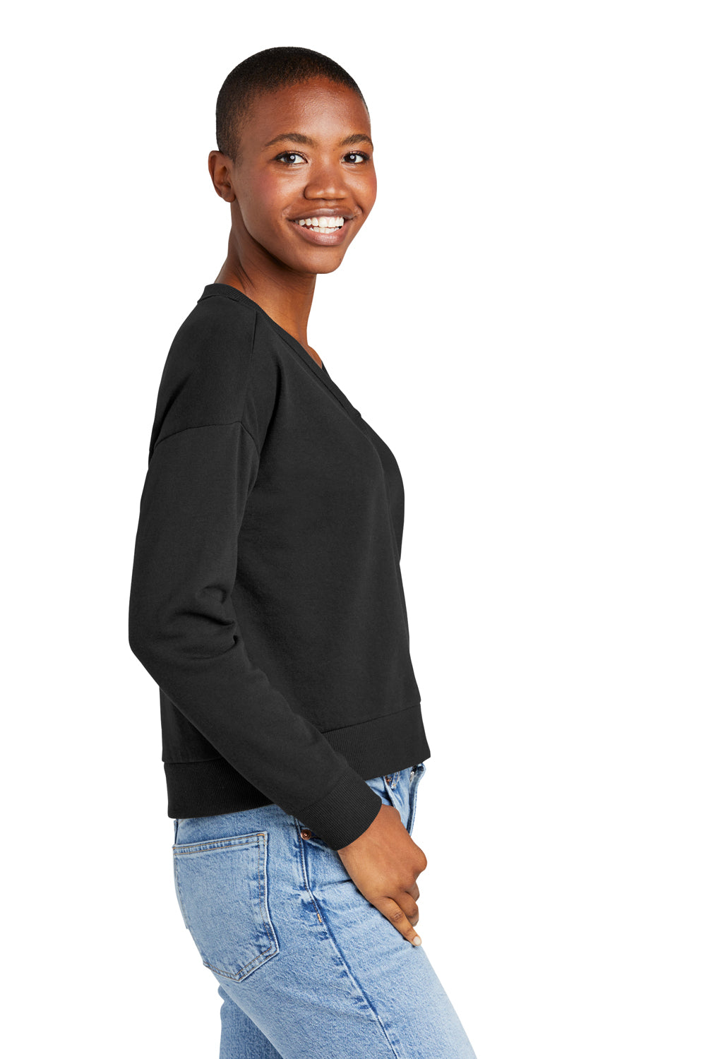 District DT1312 Womens Perfect Tri Fleece V-Neck Sweatshirt Black Model Side