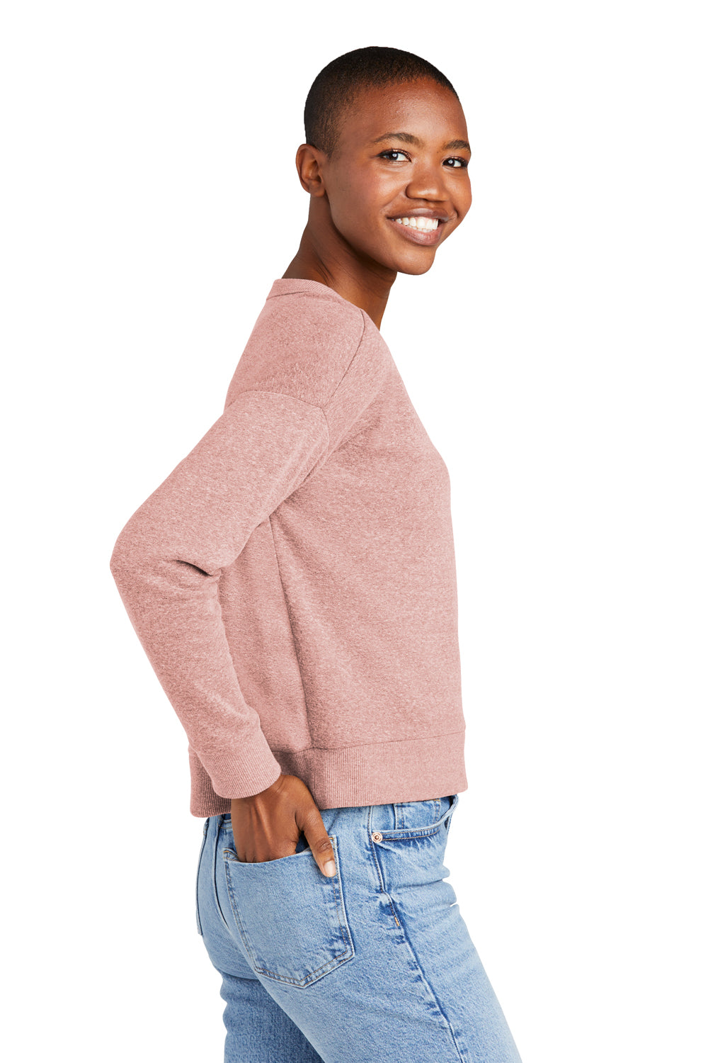 District DT1312 Womens Perfect Tri Fleece V-Neck Sweatshirt Blush Frost Model Side