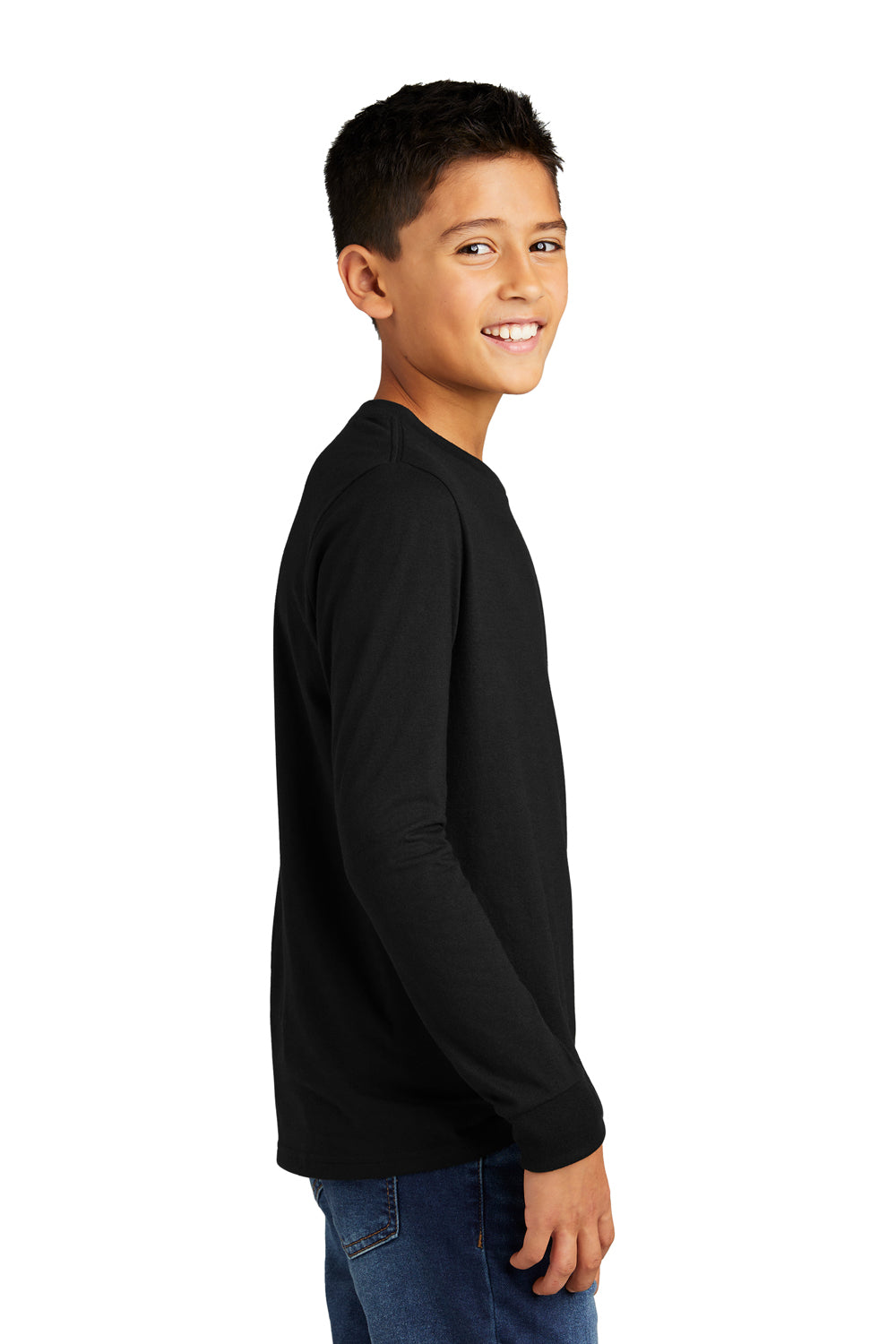 District DT132Y Youth Perfect Tri Long Sleeve Crewneck T-Shirt Black Model Side