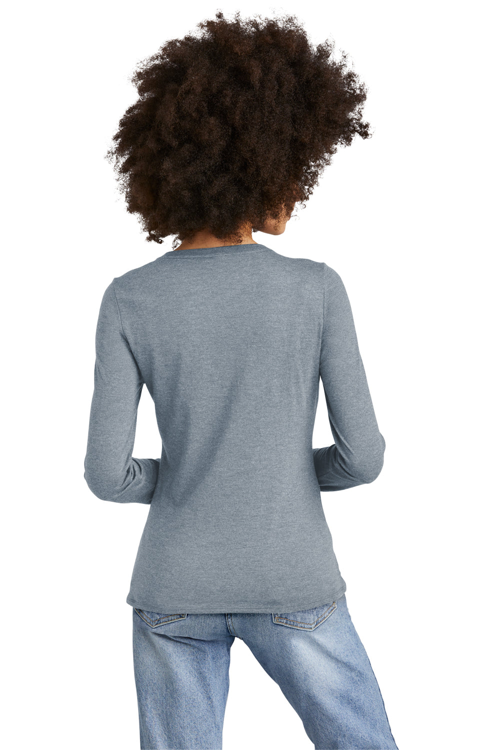 District DT135 Womens Perfect Tri Long Sleeve V-Neck T-Shirt Heather Flint Blue Model Back