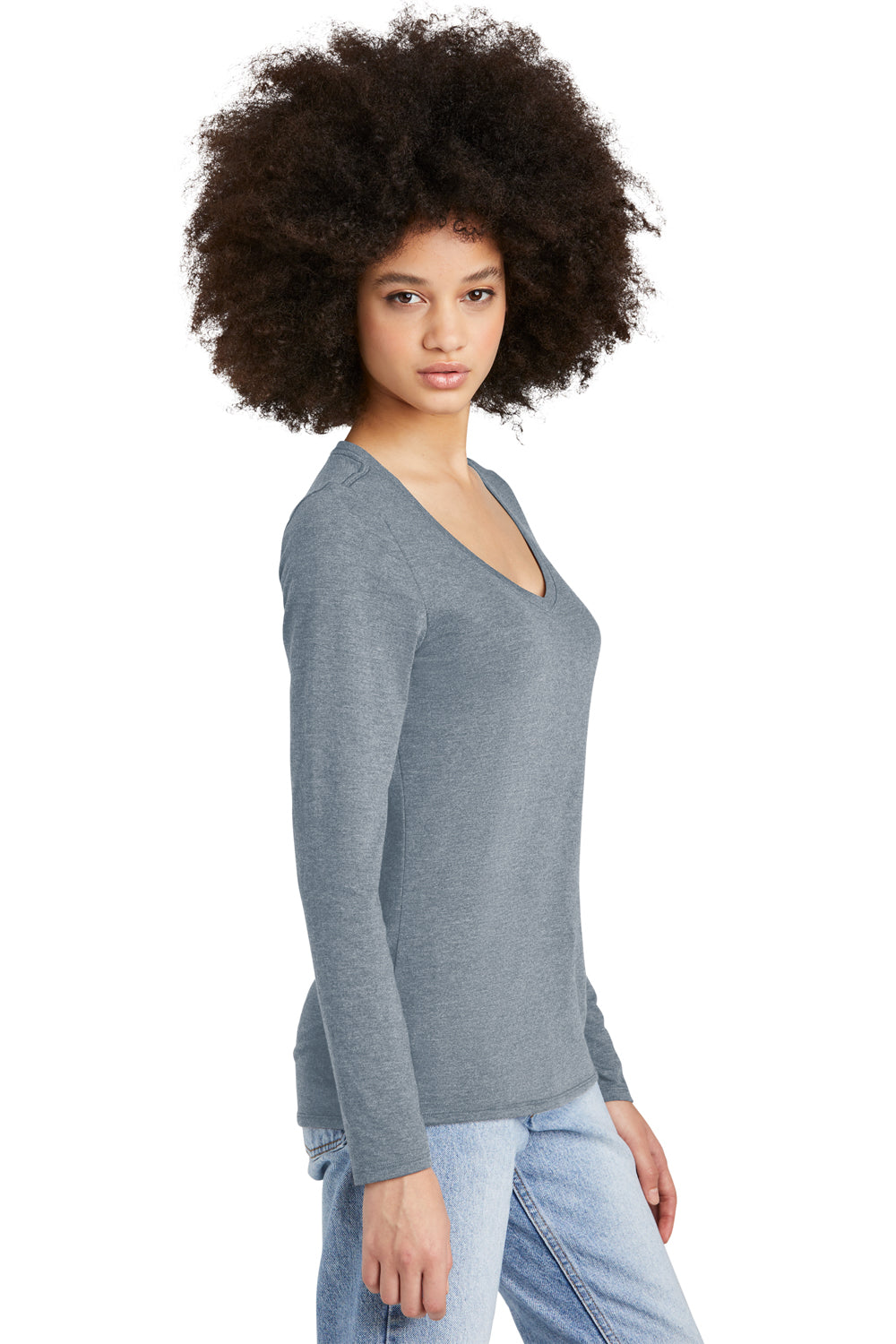 District DT135 Womens Perfect Tri Long Sleeve V-Neck T-Shirt Heather Flint Blue Model Side