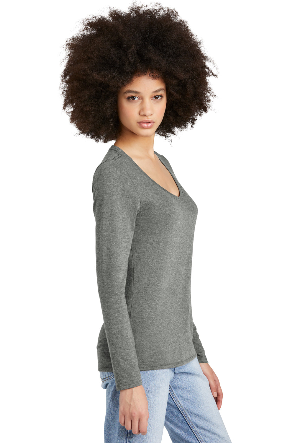 District DT135 Womens Perfect Tri Long Sleeve V-Neck T-Shirt Heather Charcoal Grey Model Side