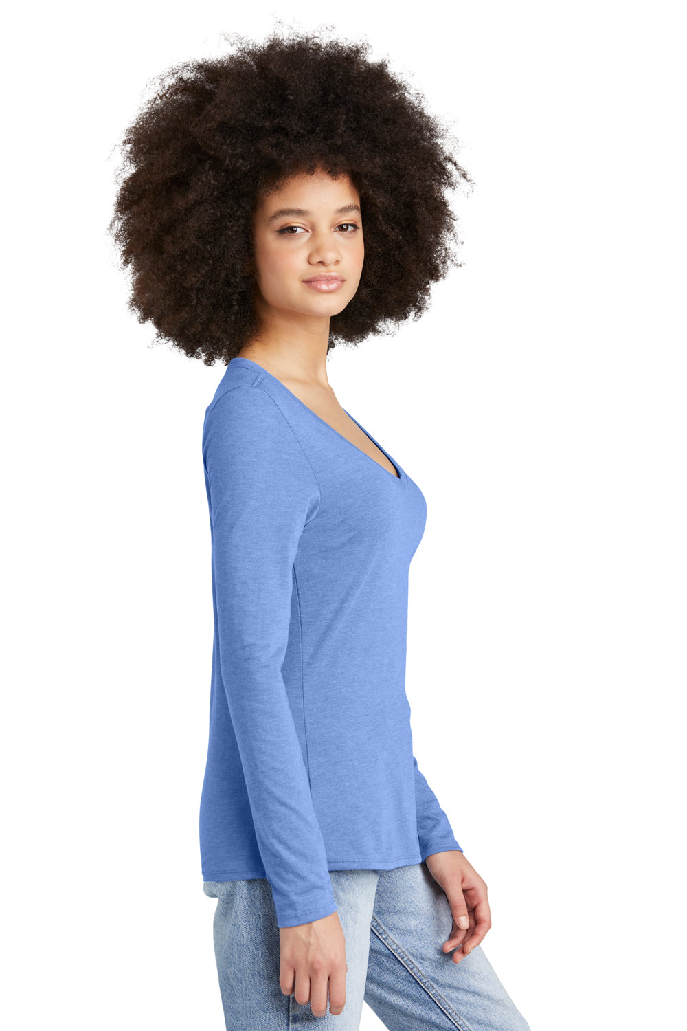 District DT135 Womens Perfect Tri Long Sleeve V-Neck T-Shirt Maritime Blue Frost Model Side