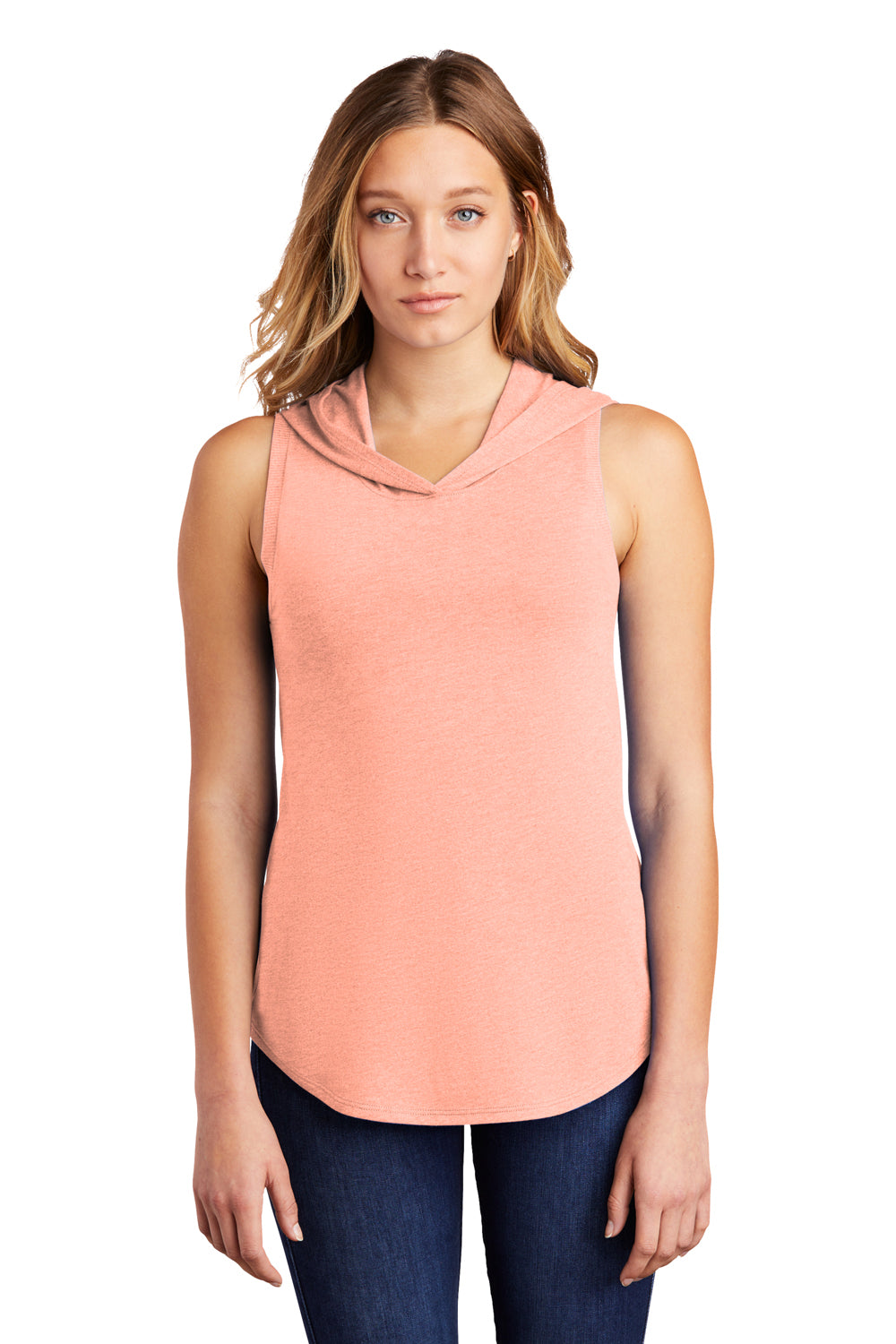 District DT1375 Womens Perfect Sleeveless Hooded T-Shirt Hoodie Heather Dusty Peach Model Front