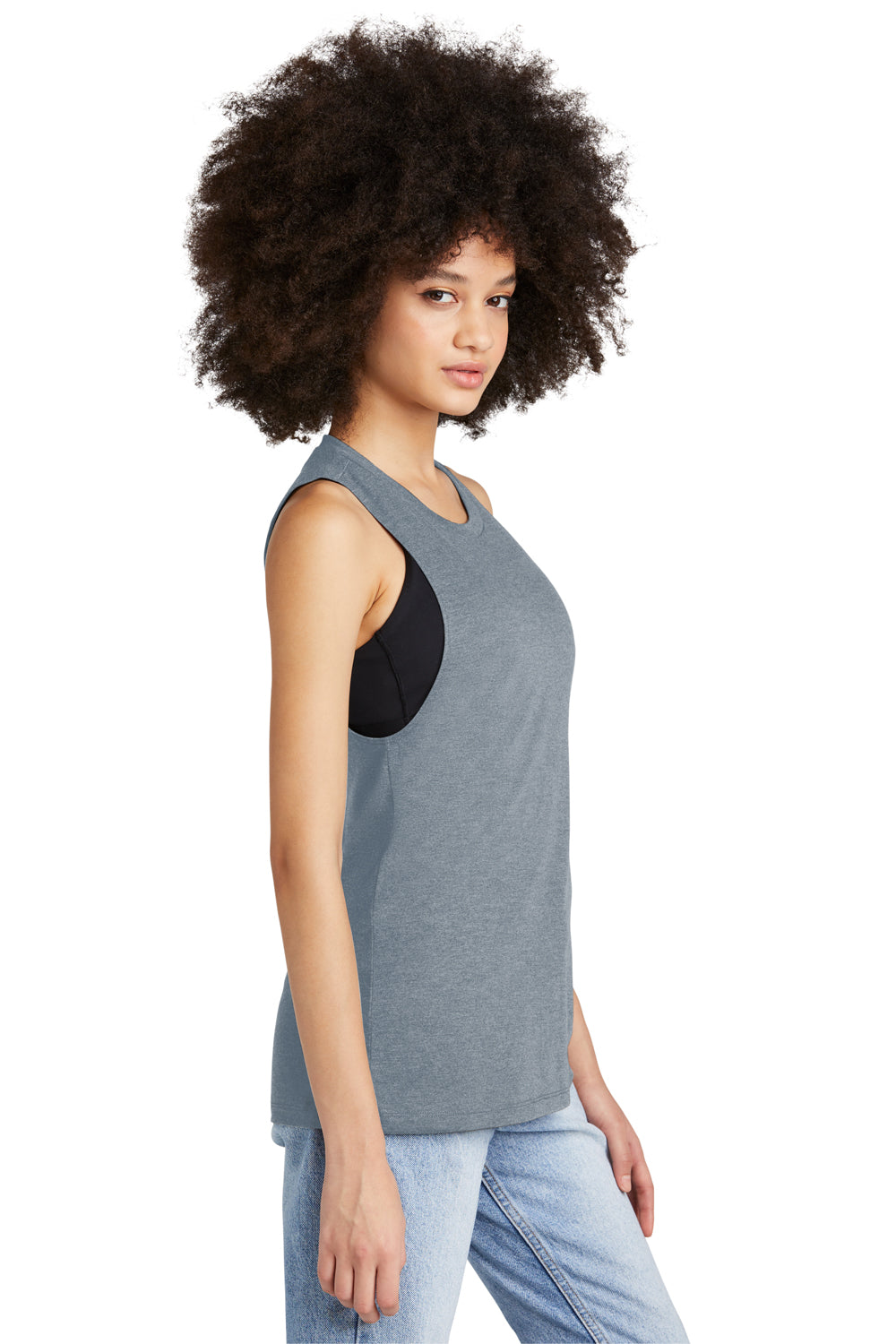 District DT153 Womens Perfect Tri Muscle Tank Top Heather Flint Blue Model Side