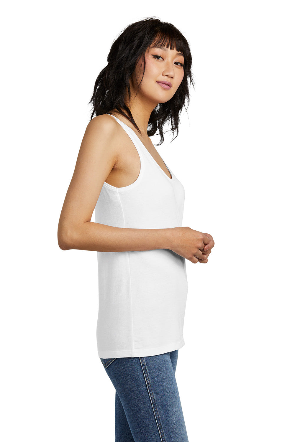 District DT154 Womens Perfect Blend CVC V-Neck Tank Top White Model Side