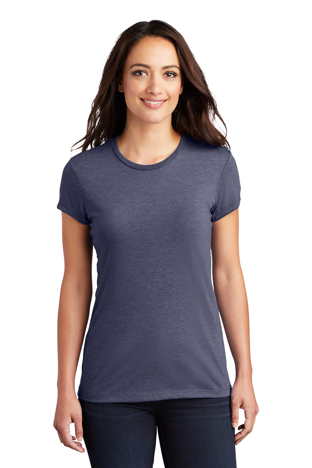 District DT155 Womens Fitted Perfect Tri Short Sleeve Crewneck T-Shirt Navy Blue Frost Model Front
