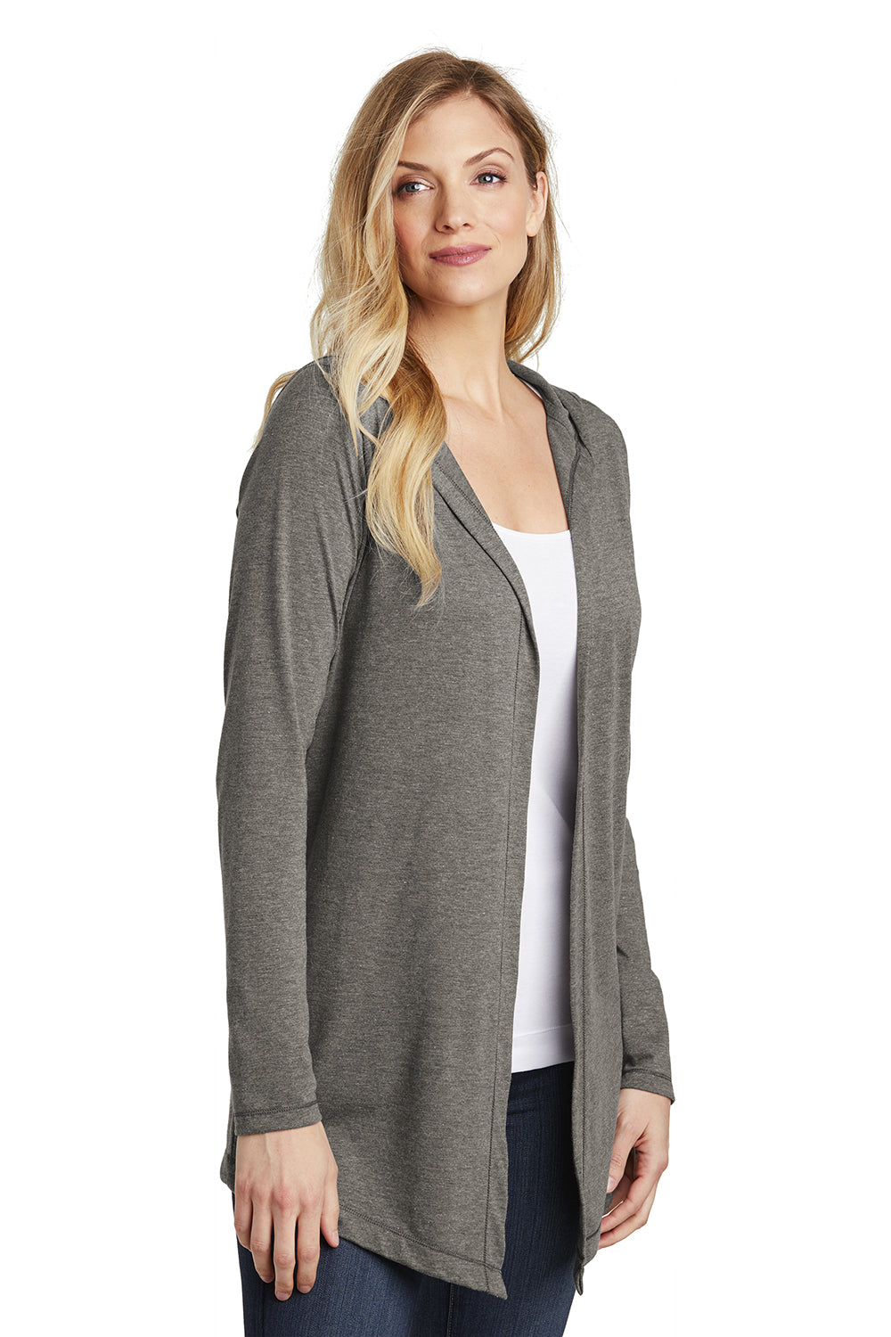 District DT156 Womens Perfect Tri Hooded Cardigan Sweater Grey Frost Model 3q