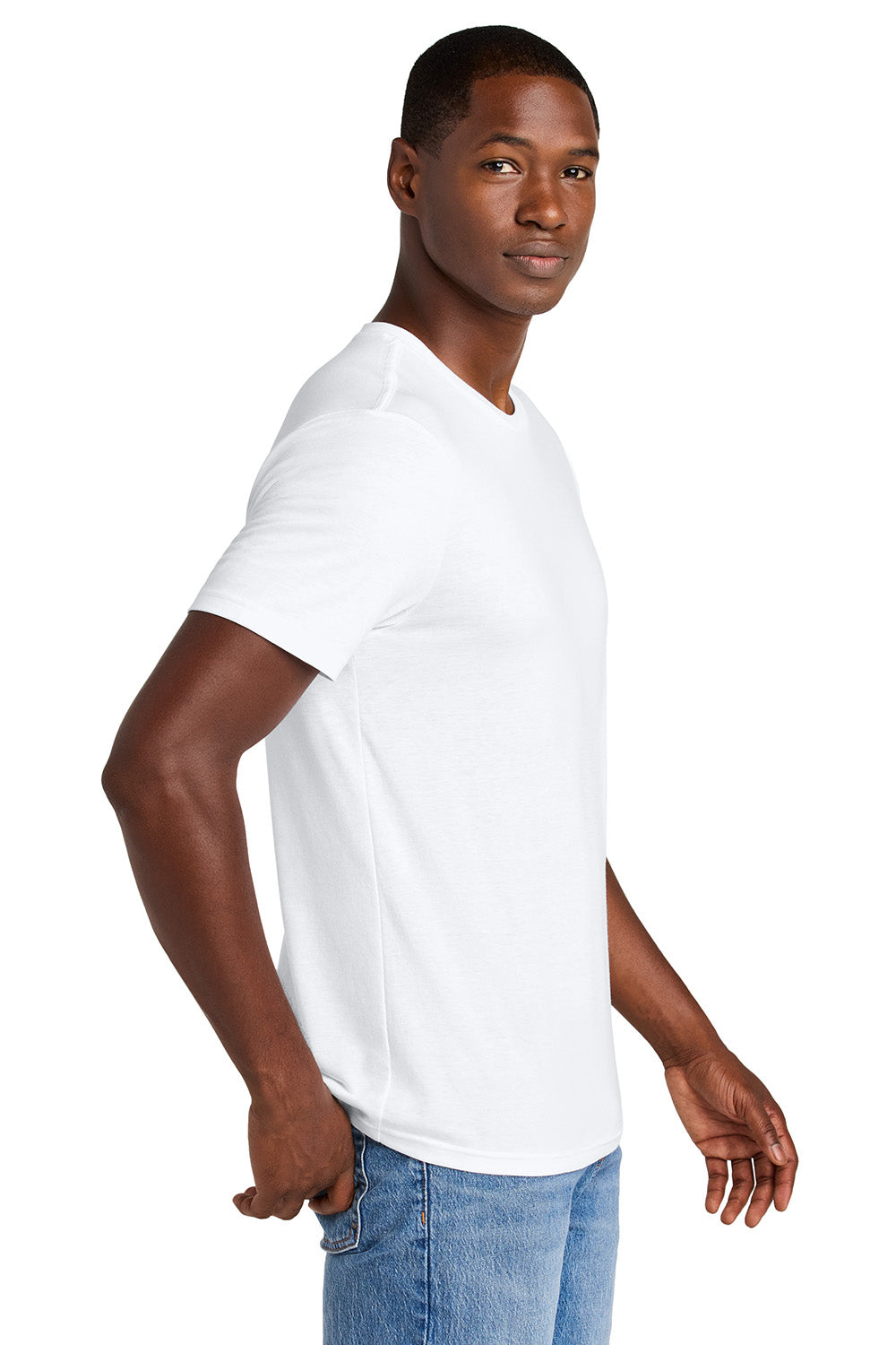 District DT184 Mens Perfect Weight CVC Short Sleeve Crewneck T-Shirt Bright White Model Side
