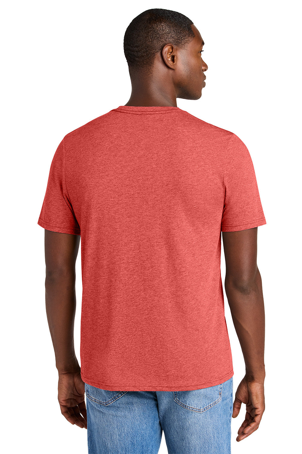 District DT184 Mens Perfect Weight CVC Short Sleeve Crewneck T-Shirt Heather Geranium Red Model Back