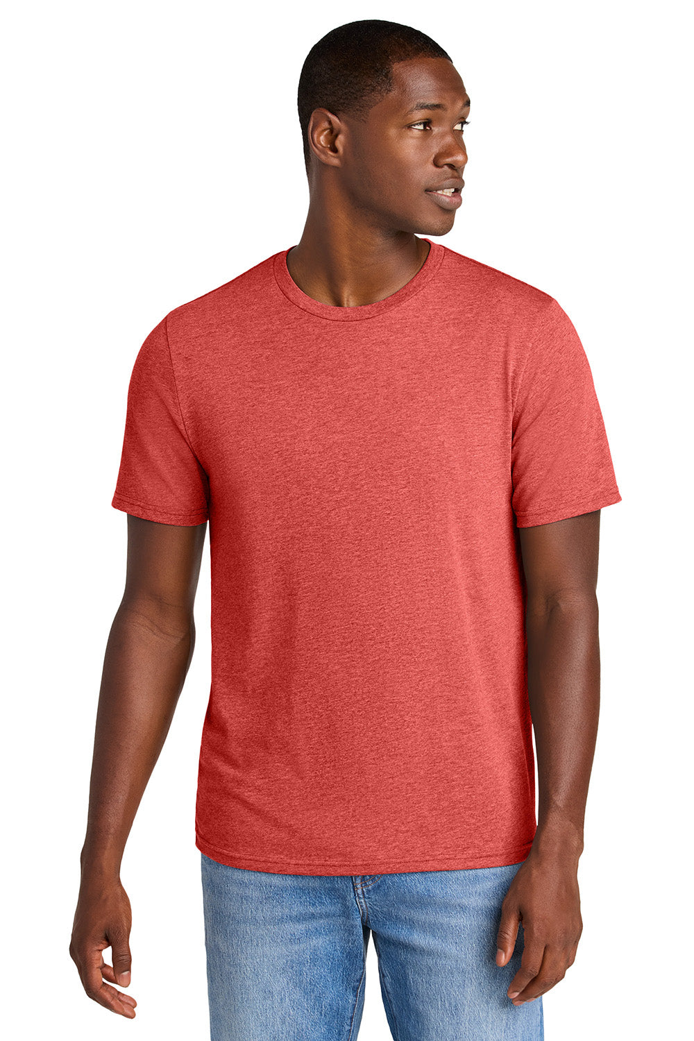 District DT184 Mens Perfect Weight CVC Short Sleeve Crewneck T-Shirt Heather Geranium Red Model Front