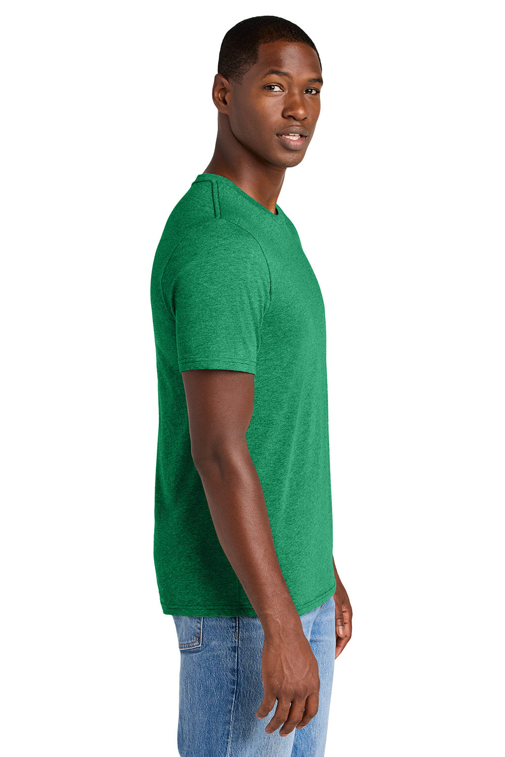 District DT184 Mens Perfect Weight CVC Short Sleeve Crewneck T-Shirt Heather Meadow Green Model Side