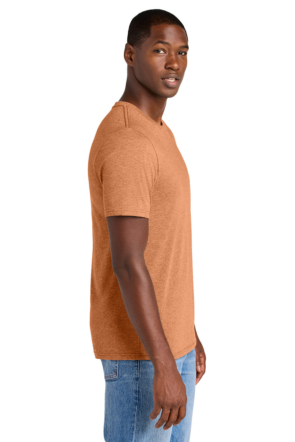 District DT184 Mens Perfect Weight CVC Short Sleeve Crewneck T-Shirt Heather Sienna Model Side