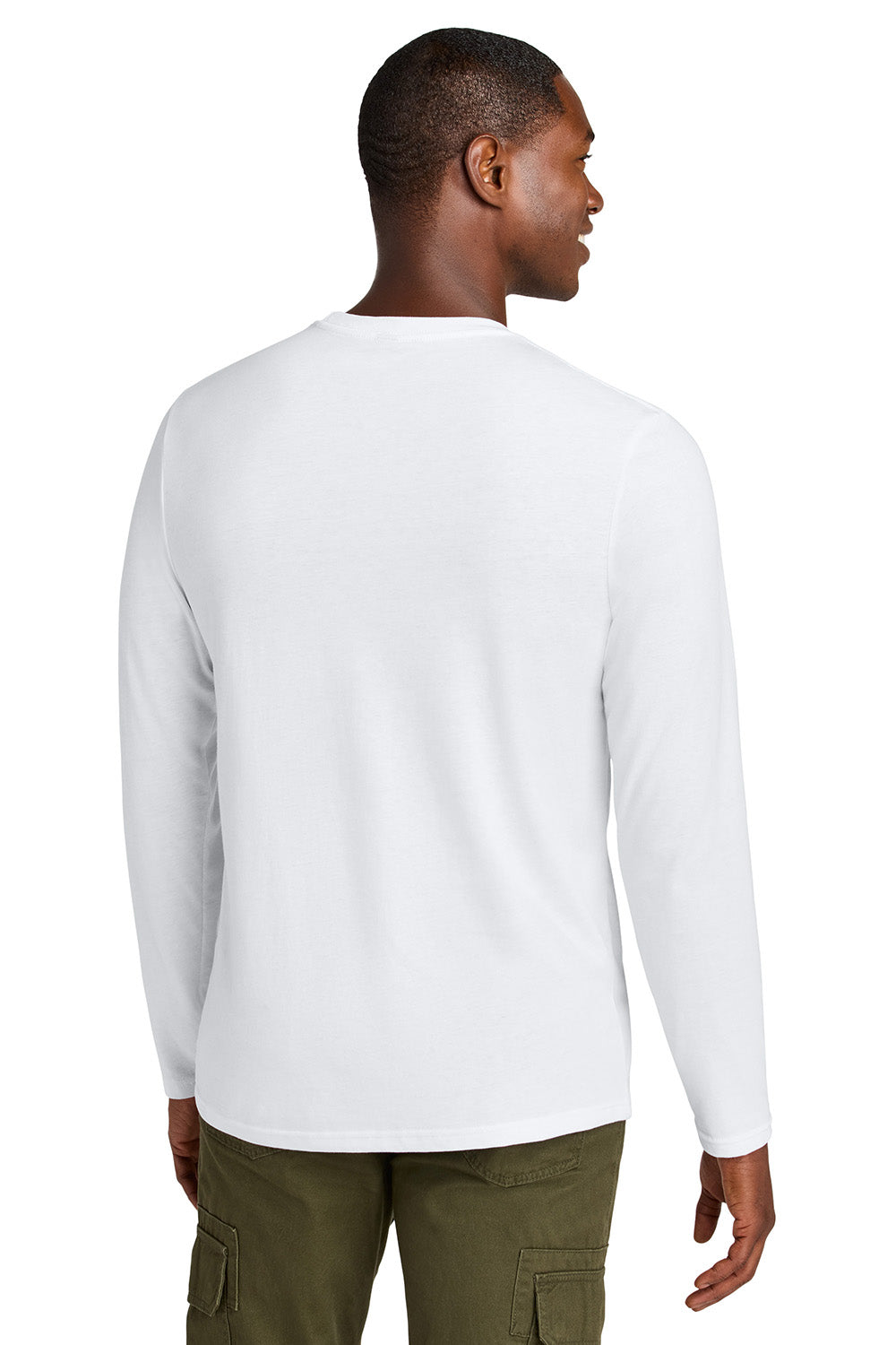 District DT185 Mens Perfect Weight CVC Long Sleeve Crewneck T-Shirt Bright White Model Back