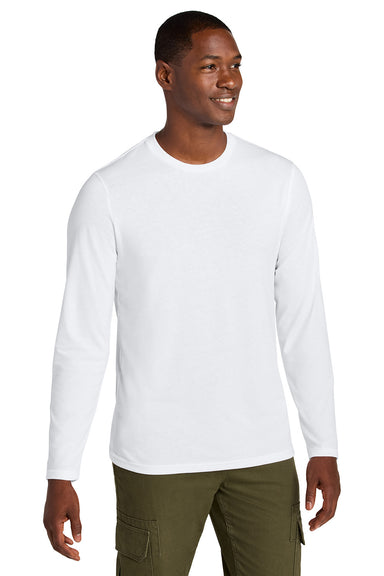 District DT185 Mens Perfect Weight CVC Long Sleeve Crewneck T-Shirt Bright White Model Front