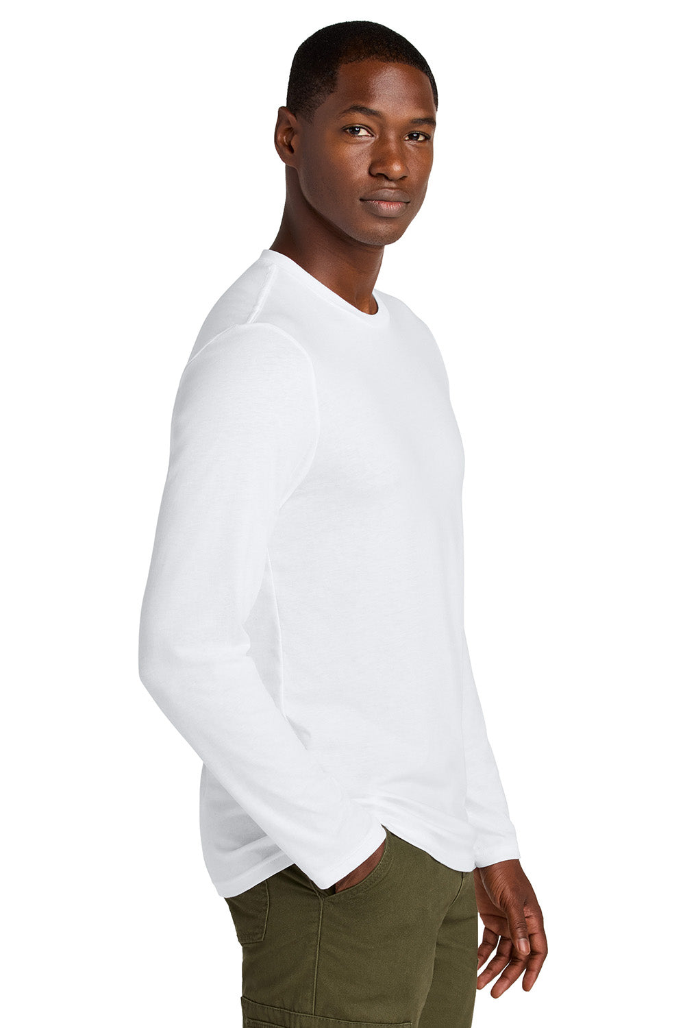 District DT185 Mens Perfect Weight CVC Long Sleeve Crewneck T-Shirt Bright White Model Side