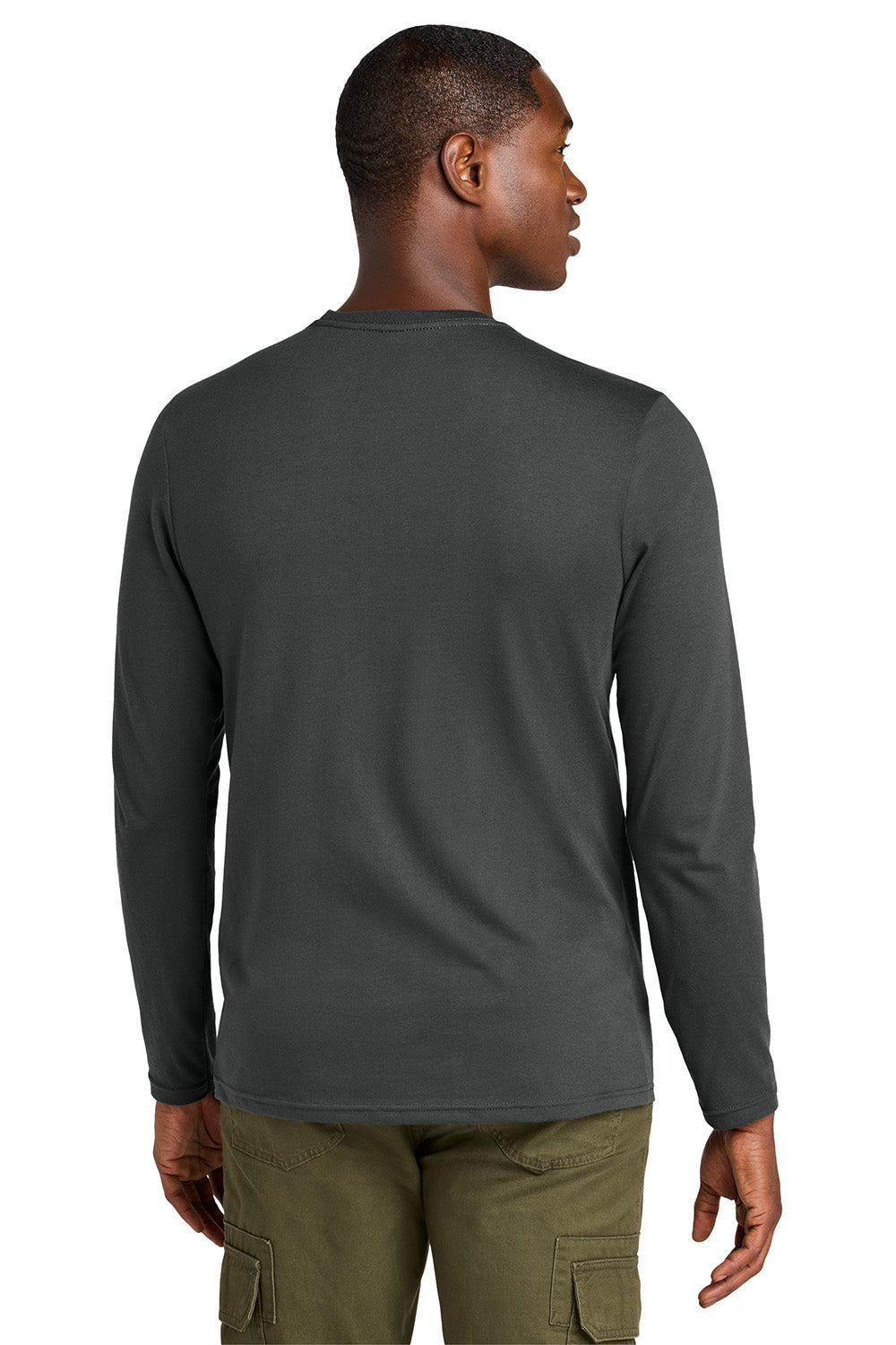 District DT185 Mens Perfect Weight CVC Long Sleeve Crewneck T-Shirt Charcoal Grey Model Back