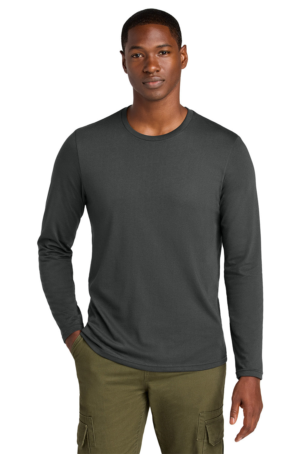 District DT185 Mens Perfect Weight CVC Long Sleeve Crewneck T-Shirt Charcoal Grey Model Front