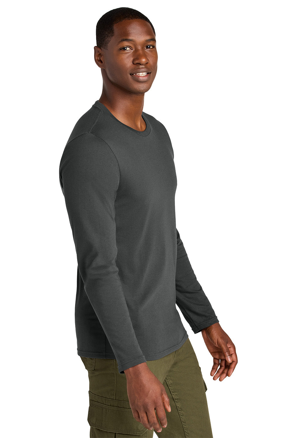 District DT185 Mens Perfect Weight CVC Long Sleeve Crewneck T-Shirt Charcoal Grey Model Side