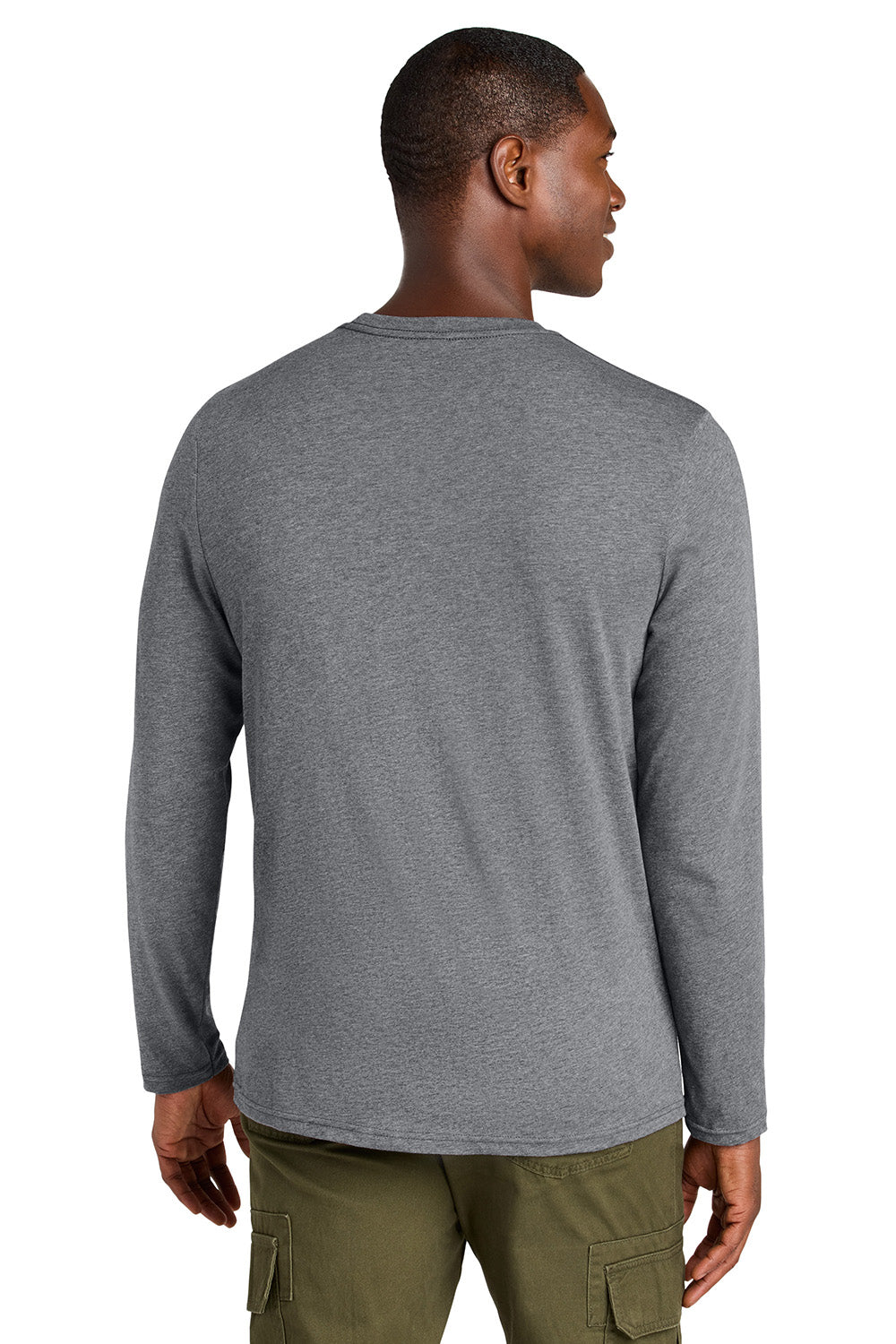 District DT185 Mens Perfect Weight CVC Long Sleeve Crewneck T-Shirt Heather Graphite Grey Model Back