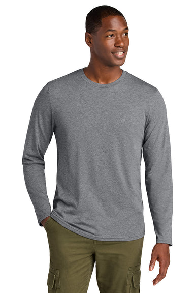 District DT185 Mens Perfect Weight CVC Long Sleeve Crewneck T-Shirt Heather Graphite Grey Model Front
