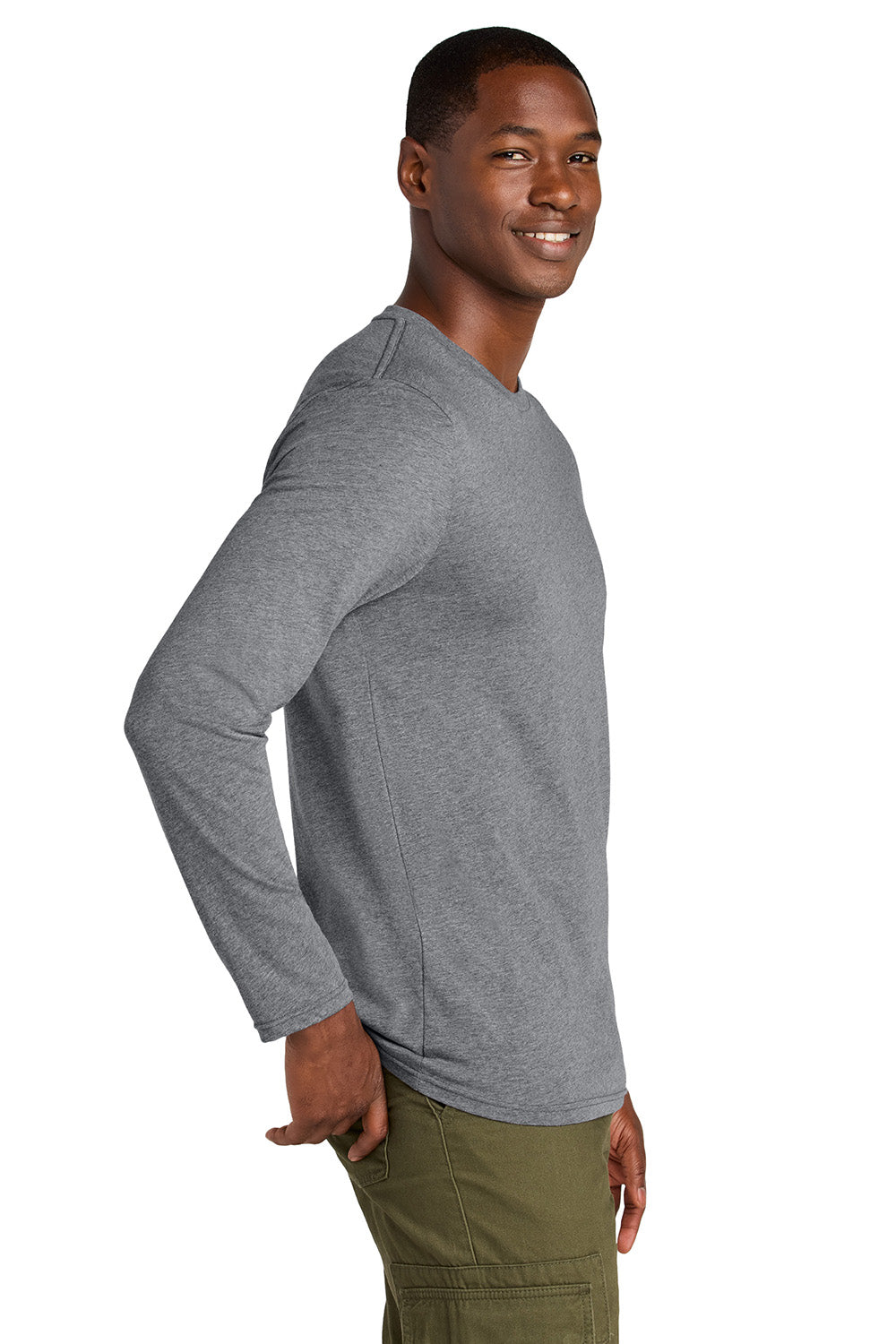 District DT185 Mens Perfect Weight CVC Long Sleeve Crewneck T-Shirt Heather Graphite Grey Model Side