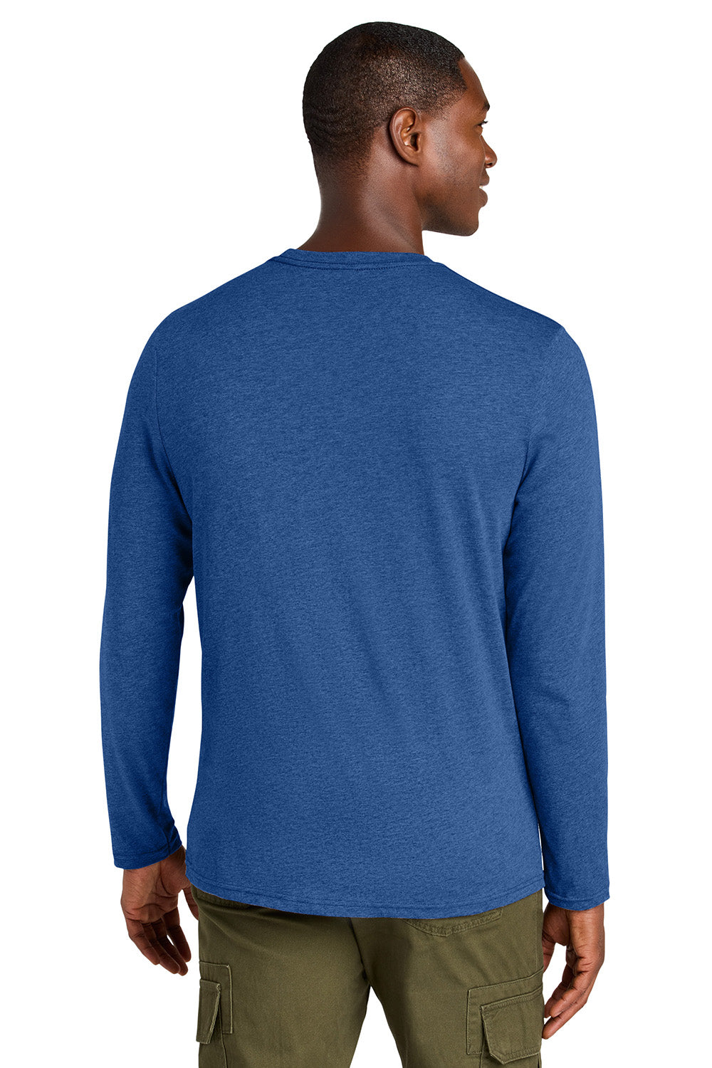 District DT185 Mens Perfect Weight CVC Long Sleeve Crewneck T-Shirt Heather Deep Royal Blue Model Back