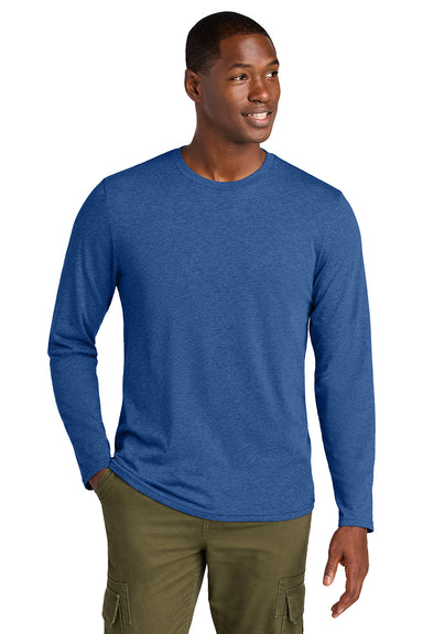 District DT185 Mens Perfect Weight CVC Long Sleeve Crewneck T-Shirt Heather Deep Royal Blue Model Front