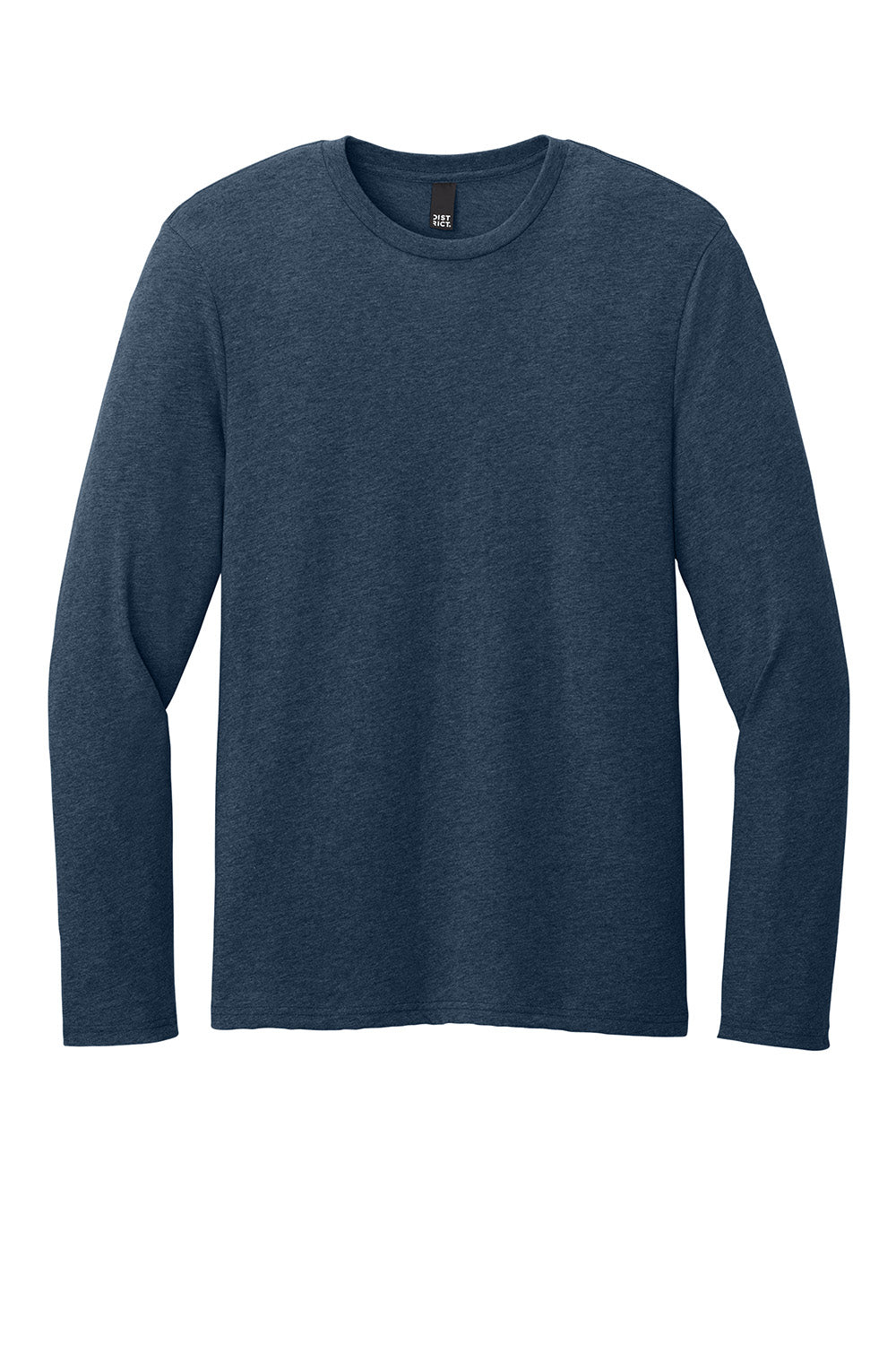 District DT185 Mens Perfect Weight CVC Long Sleeve Crewneck T-Shirt Heather Navy Blue Flat Front