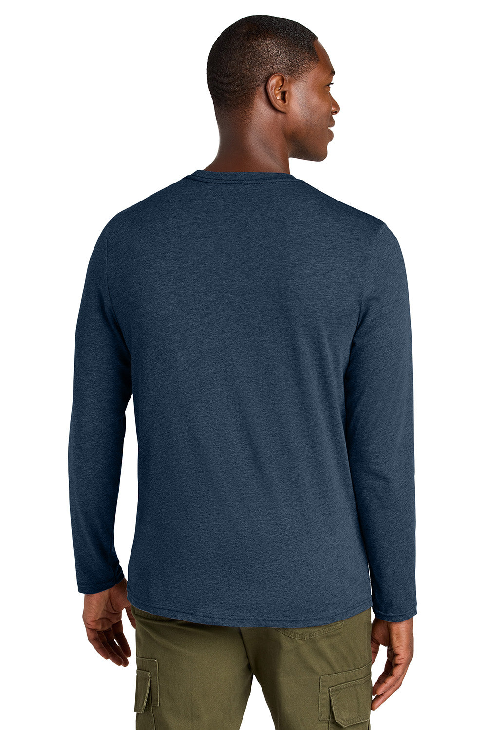 District DT185 Mens Perfect Weight CVC Long Sleeve Crewneck T-Shirt Heather Navy Blue Model Back