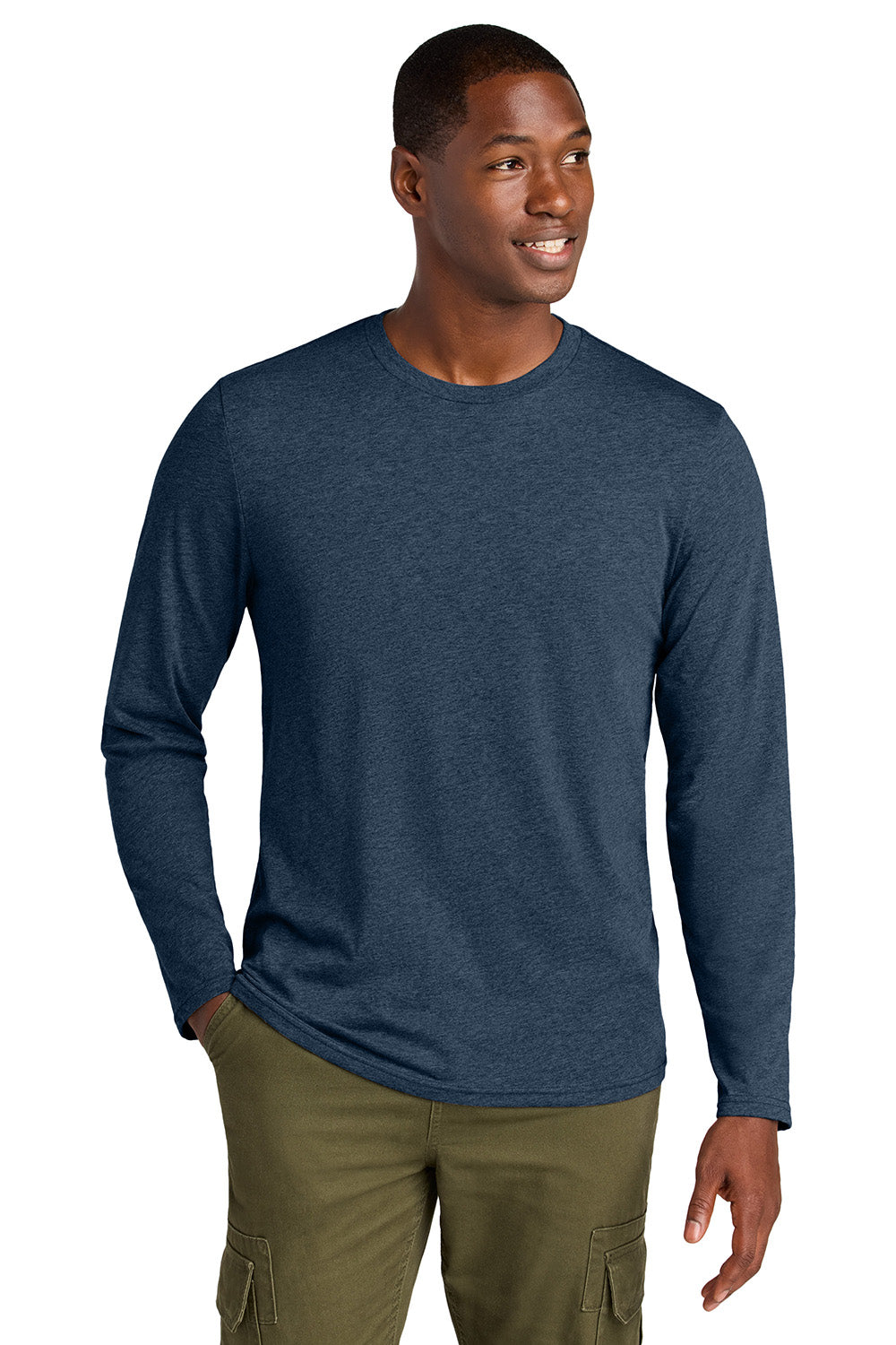 District DT185 Mens Perfect Weight CVC Long Sleeve Crewneck T-Shirt Heather Navy Blue Model Front