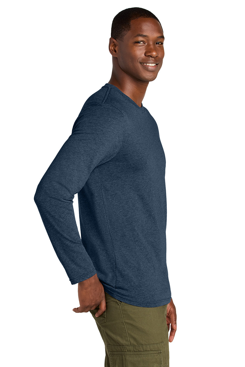 District DT185 Mens Perfect Weight CVC Long Sleeve Crewneck T-Shirt Heather Navy Blue Model Side