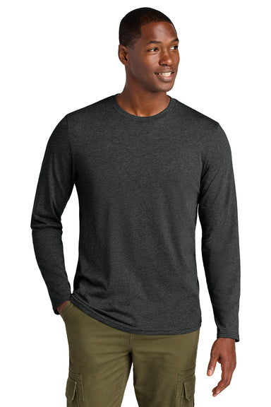 District DT185 Mens Perfect Weight CVC Long Sleeve Crewneck T-Shirt Heather Jet Black Model Front