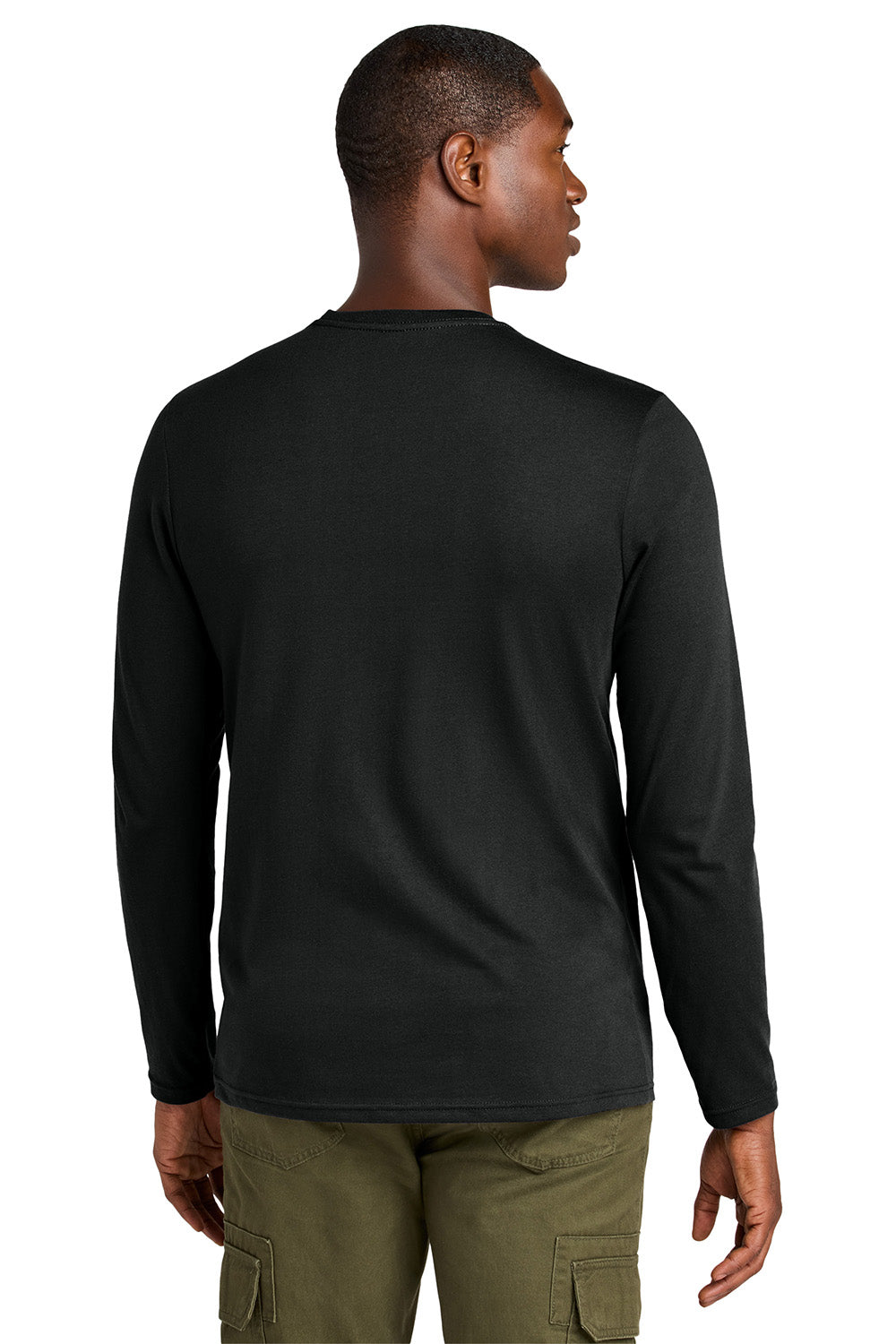 District DT185 Mens Perfect Weight CVC Long Sleeve Crewneck T-Shirt Jet Black Model Back