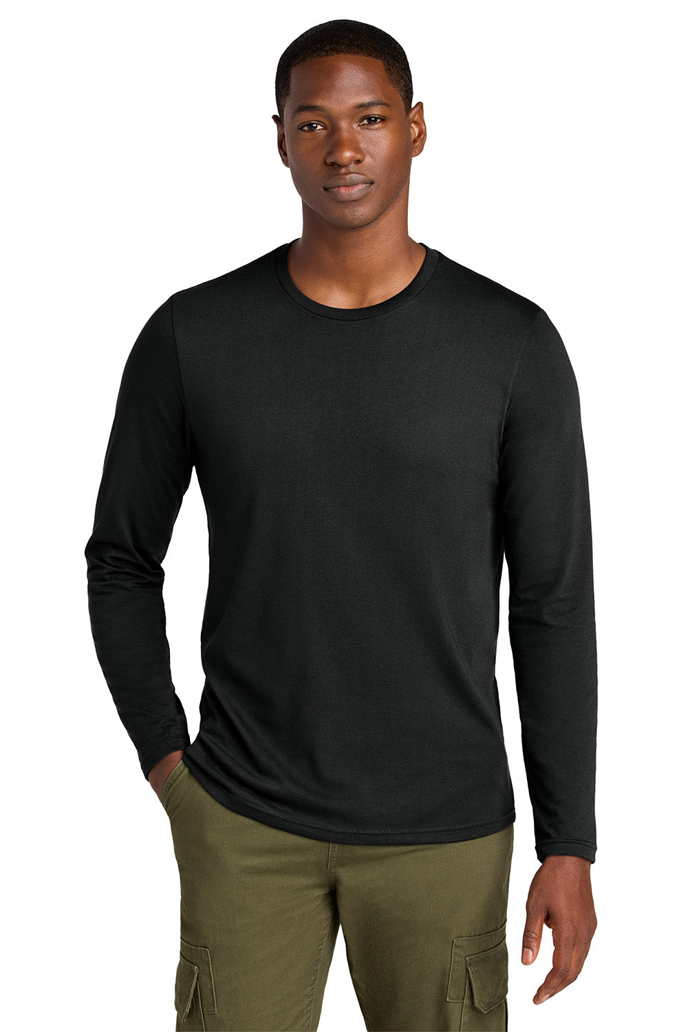 District DT185 Mens Perfect Weight CVC Long Sleeve Crewneck T-Shirt Jet Black Model Front