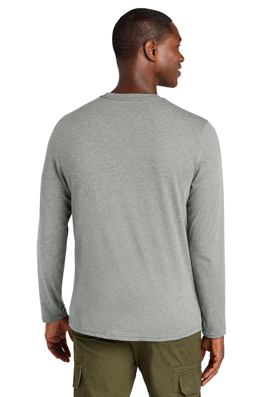 District DT185 Mens Perfect Weight CVC Long Sleeve Crewneck T-Shirt Heather Light Grey Model Back