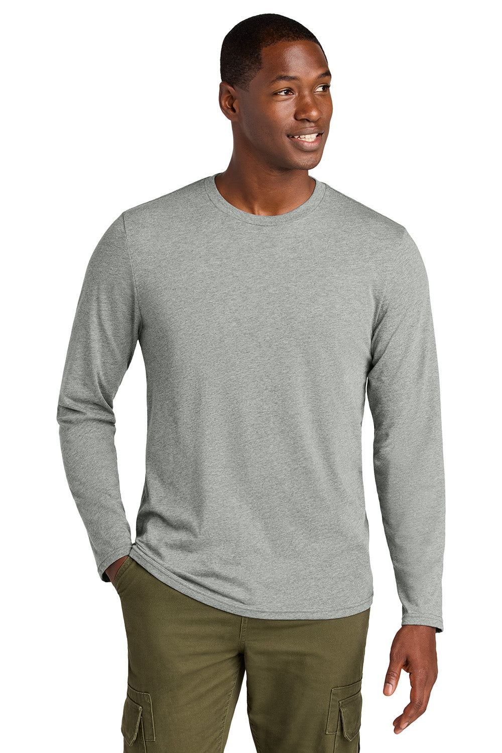 District DT185 Mens Perfect Weight CVC Long Sleeve Crewneck T-Shirt Heather Light Grey Model Front