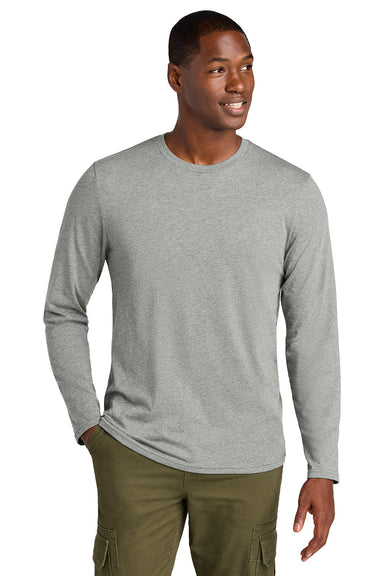 District DT185 Mens Perfect Weight CVC Long Sleeve Crewneck T-Shirt Heather Light Grey Model Front
