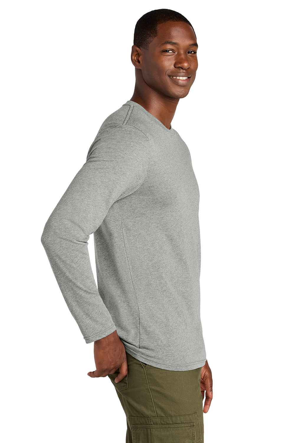 District DT185 Mens Perfect Weight CVC Long Sleeve Crewneck T-Shirt Heather Light Grey Model Side