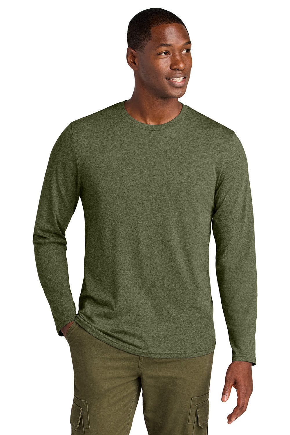 District DT185 Mens Perfect Weight CVC Long Sleeve Crewneck T-Shirt Heather Military Green Model Front