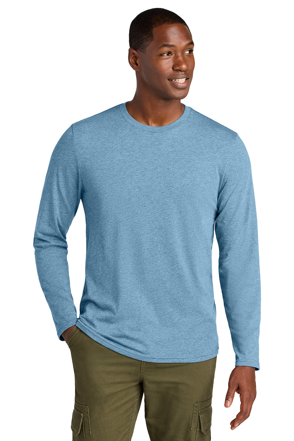 District DT185 Mens Perfect Weight CVC Long Sleeve Crewneck T-Shirt Heather Tundra Blue Model Front