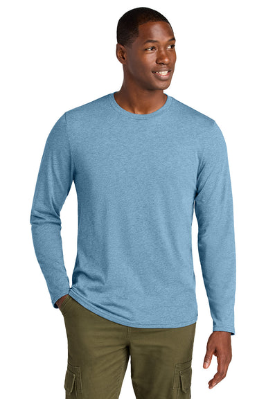 District DT185 Mens Perfect Weight CVC Long Sleeve Crewneck T-Shirt Heather Tundra Blue Model Front