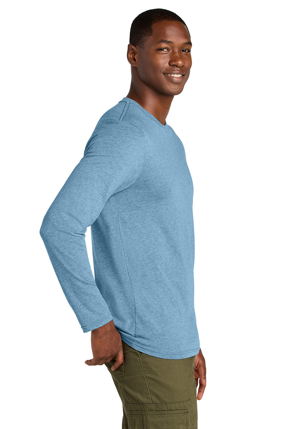 District DT185 Mens Perfect Weight CVC Long Sleeve Crewneck T-Shirt Heather Tundra Blue Model Side